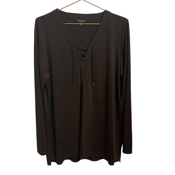 Lauren Ralph Lauren Brown Lace Up Long Sleeve V Neck Top Size XL - Picture 1 of 7